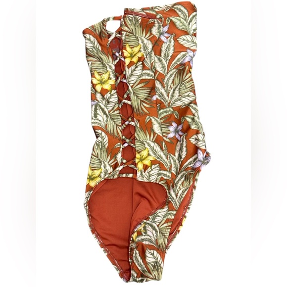 Aeropostale Tropical Floral One Piece Swimsuit Rust Yellow Side Cut Out Small - Picture 3 of 5